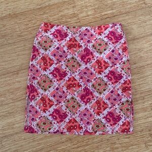 ILU pink orange floral checker pattern midi skirt